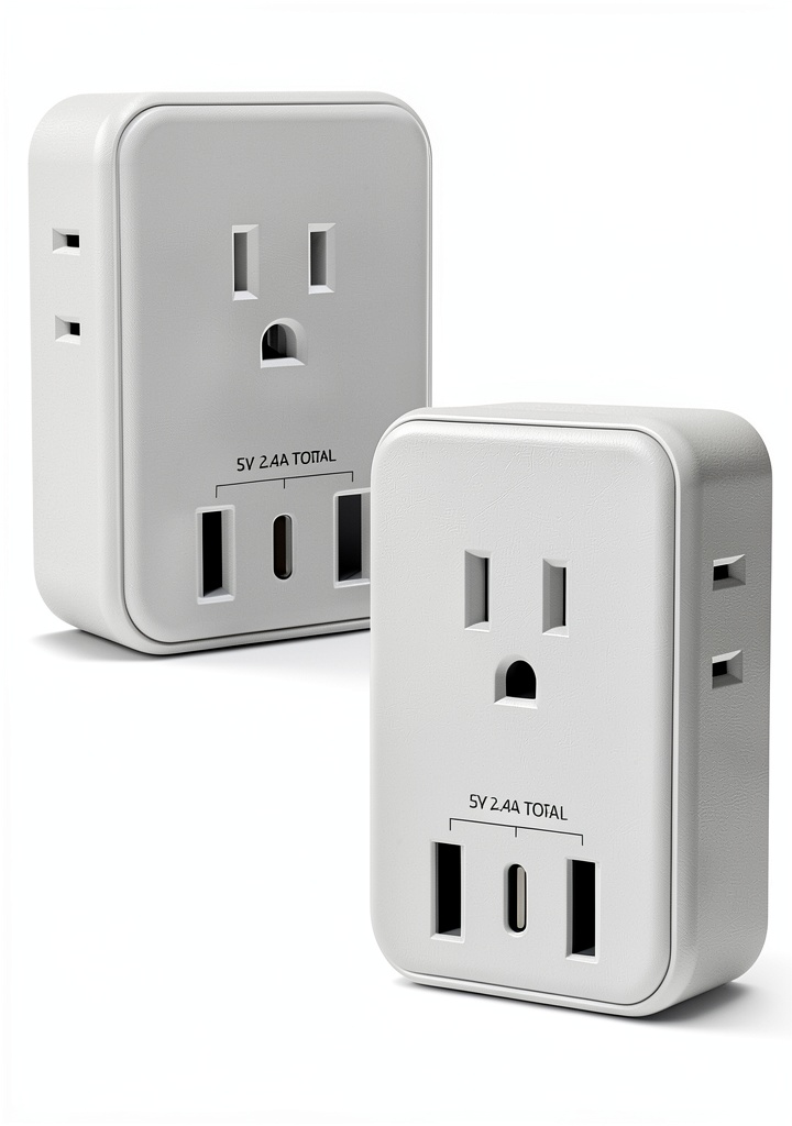European travel adapter plugged into a Type C socket with multiple devices charging