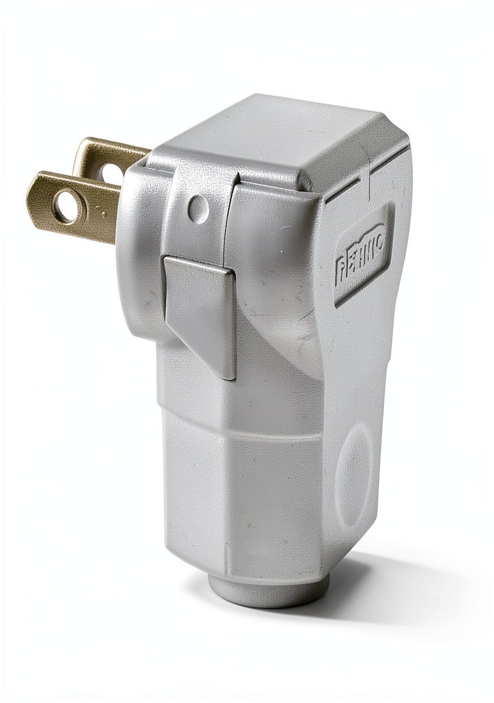 Leviton angle plug showing brass contacts and nylon construction