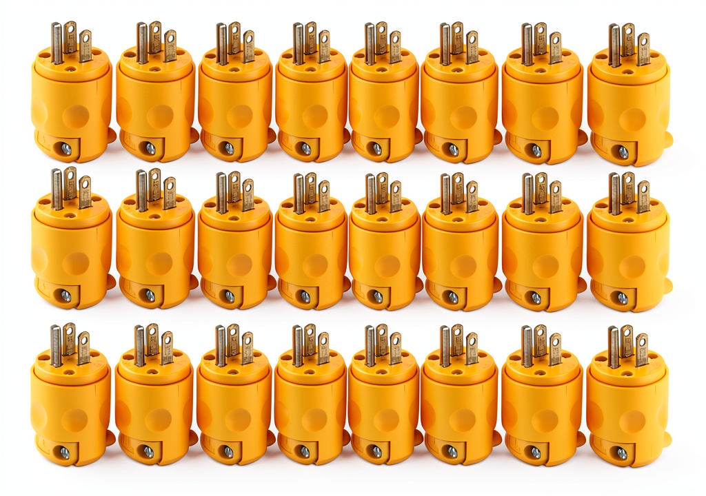 Close-up of the hinged plug showing its yellow PVC housing and blade configuration