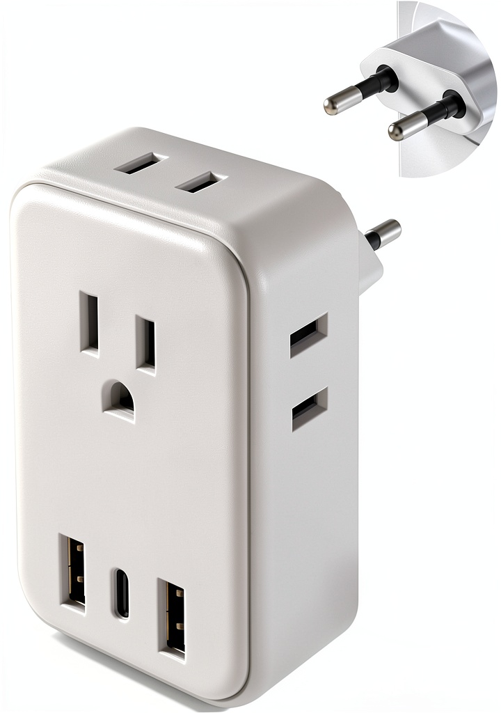 Installing EU Plug Adapter 7-in-1 Type C USB Charging Travel Essential on a wooden desk
