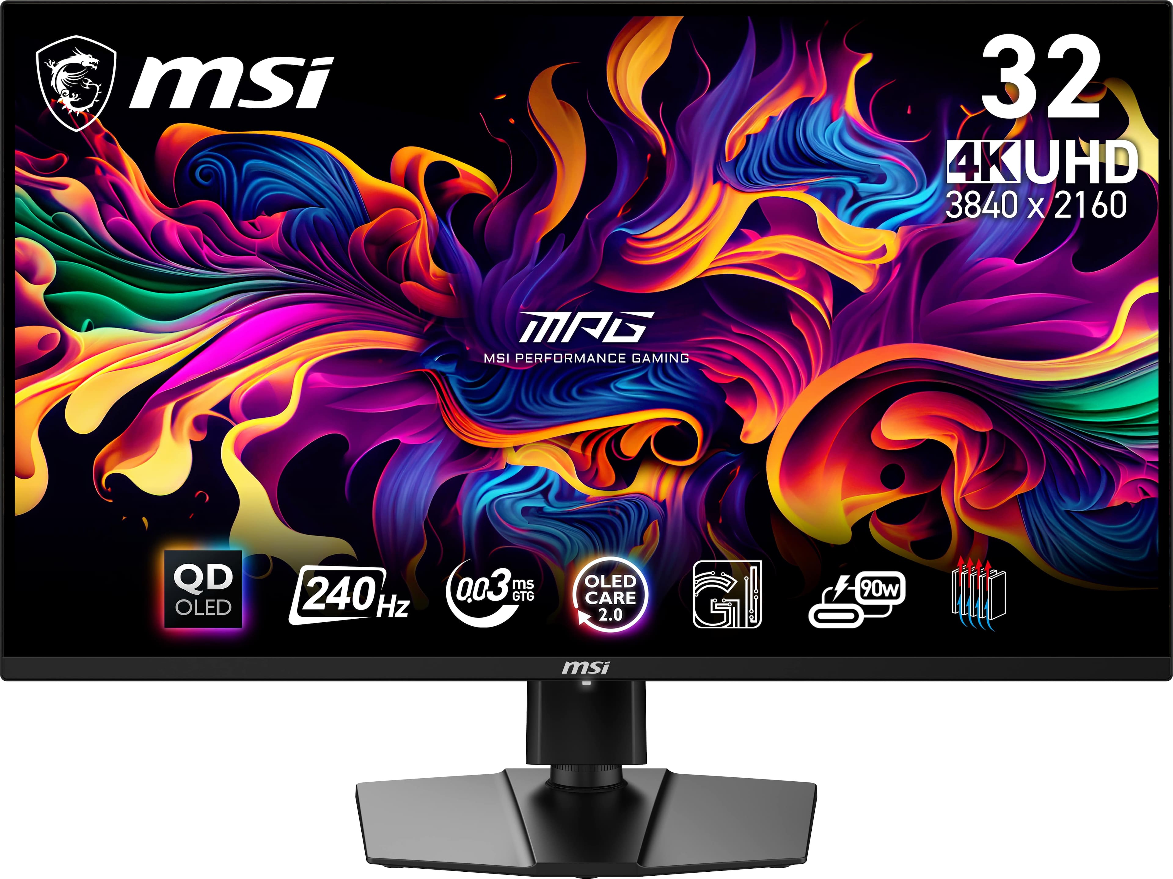 MSI MPG 321URX QD-OLED monitor displaying a vibrant game scene