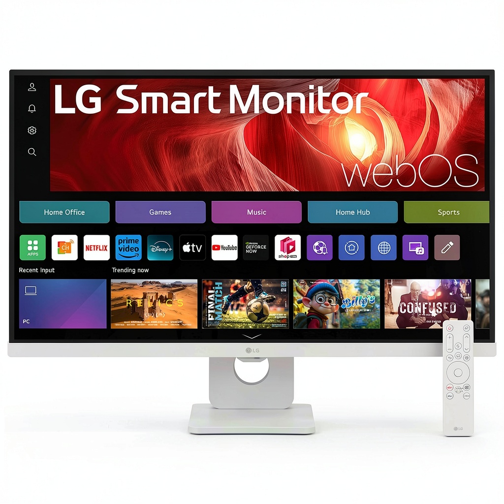 LG Smart Monitor displaying streaming content on a clean desk