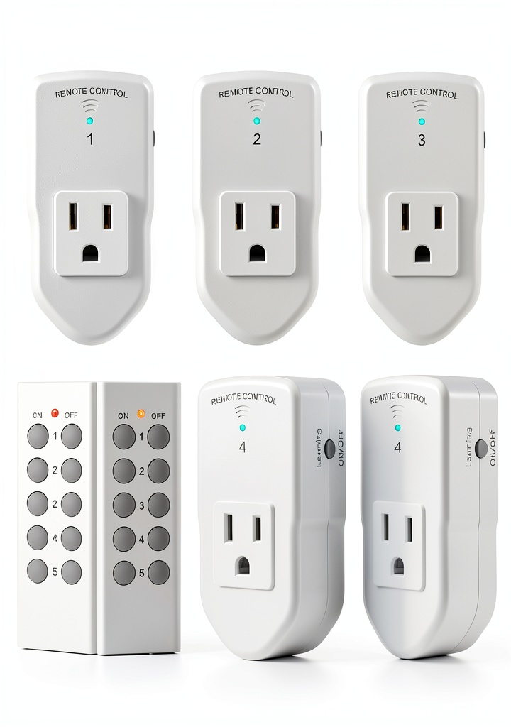 BN-LINK wireless remote outlet set showing receivers and remotes arranged on table