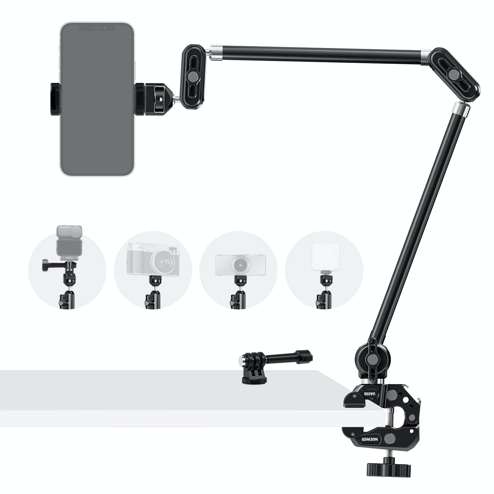 'Neewer Magic Arm mounted on a desk with camera and phone attached'