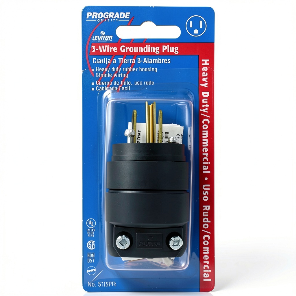 'Leviton 515PR rubber plug showing brass blades and rubber body'