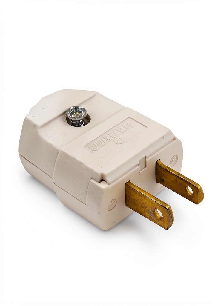 Close-up of polarized plug showing brass blades and thermoplastic body